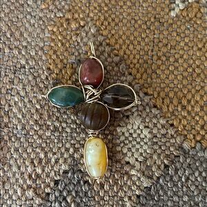 Handmade semi precious stone, gold filled cross pendant